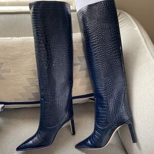 Jimmy Choo mavis 85 blue navy croc embossed leather boots NWT 36.6